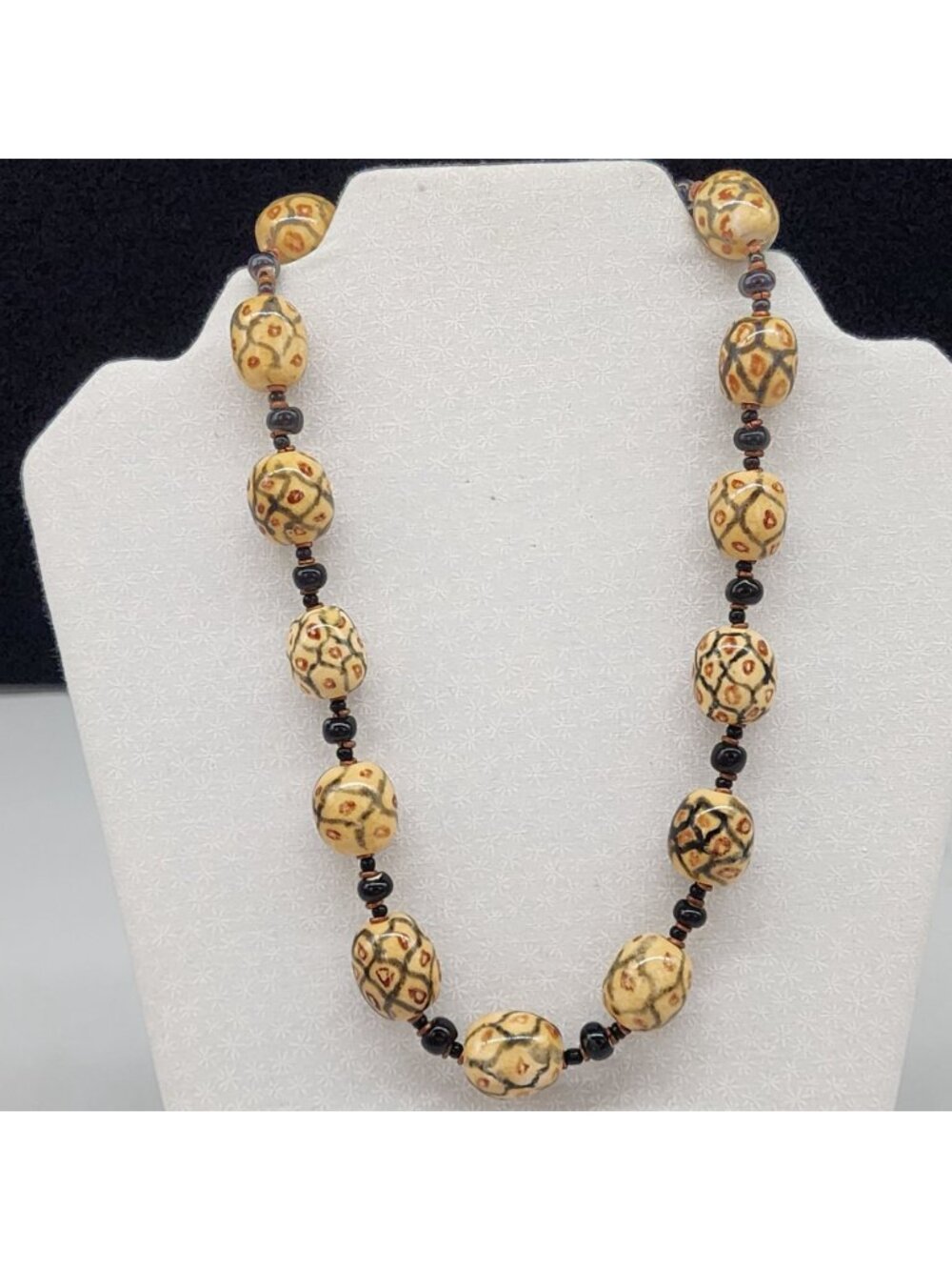 Vintage Tribal Inspired Ceramic Beaded Necklace With Black & Copper Accents - Picture 2 of 8